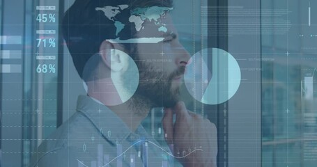 Poster - Animation of financial data processing over caucasian businessman thinking