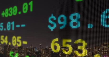 Poster - Composite image of stock market data processing against cityscape at night