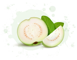 Half piece of guava vector illustration with guava slices and green leaves