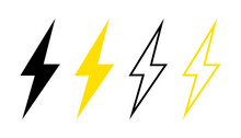 Lightning Icon. Icon For Electric Charge. Symbol Of Power, Energy, Electricity And Voltage. Black And Yellow Symbols For Electric Battery. Line Icons Isolated On White Background. Vector
