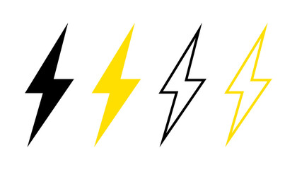 Poster - Lightning icon. Icon for electric charge. Symbol of power, energy, electricity and voltage. Black and yellow symbols for electric battery. Line icons isolated on white background. Vector