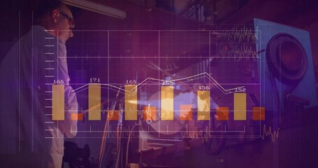 Poster - Animation of financial data processing over caucasian scientist