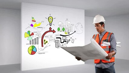 Canvas Print - Animation of caucasian builing worker over data processing and icons