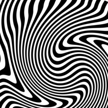 Abstract Pattern Of Wavy Stripes Or Rippled 3D Relief Black And White Lines Background. Vector Twisted Curved Stripe Modern Trendy.Abstract Dynamical Rippled Texture, 3D Visual Effect, Illusion.