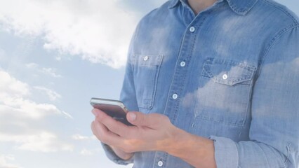 Poster - Animation of clouds over caucasian man using smartphone
