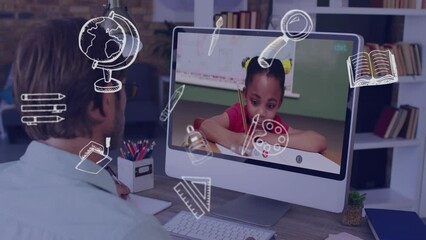 Poster - Animation of school icons over male teacher and biracial schoolgirl on computer online lesson
