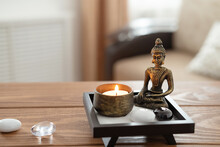 Vintage Bronze Statuette With Candlestick Made Of Copper. Statue Of Buddha, Incense Sticks And Burning Candle. Aromatherapy, Home Fragrance. Concept Of Home Relaxation And Anti Stress, Zen Buddhism.