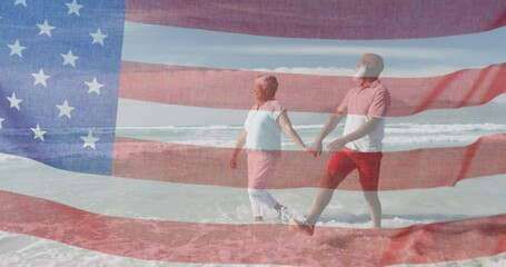 Poster - Animation of flag of united states of america over happy senior couple walking on beach by sea