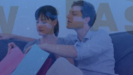 Poster - Animation of new season text cut out of blue background, over couple looking at shopping in bags