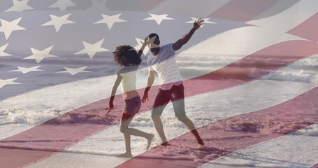 Wall Mural - Animation of flag of united states of america over african american father and daughter on beach