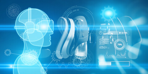 Aufkleber - Abstract blue guy or robot outline with VR glasses on blurry bokeh backdrop with charts and various icons. Virtual reality, future and metaverse concept. 3D Rendering.