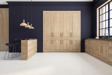 Poster - Contemporary wooden and concrete kitchen interior with furniture, city view and daylight. 3D Rendering.