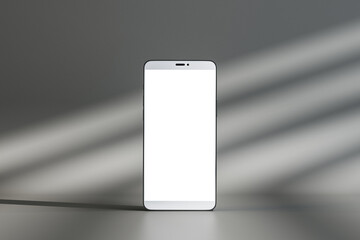 Wall Mural - Close up of empty white mock up screen cellphone on gray wall background with sunlight. Product device presentation concept. 3D Rendering.