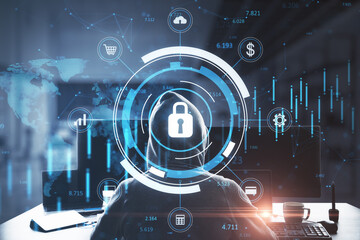 Aufkleber - Back view of hacker at desktop using computers with glowing blue padlock hologram with forex chart and map on blurry office interior background, Secure, hacking and online theft concept. 