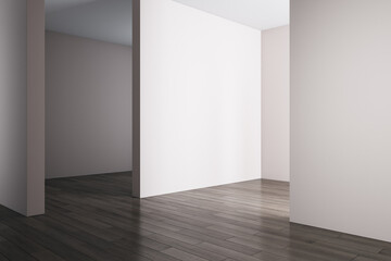 Poster - Modern concrete gallery interior with wooden flooring and blank mock up place on wall. Museum and exhibition hall concept. 3D Rendering.
