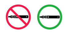 No Vaping And Vaping Area Signs. Red Forbidden And Green Allowed Circles Signs Icon Isolated On White Background Vector Illustration. Vape And Smoke Prohibition And Green Access Circles Set.
