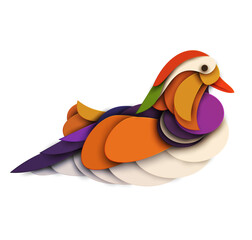 Wall Mural - Abstract mandarin duck isolated on white background. Creative 3d concept in cartoon craft paper cut style. Colorful minimal design character. Modern geometric vector illustration.