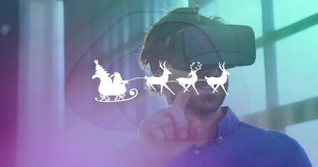 Poster - Animation of santa in sleigh over caucasian man with vr headset