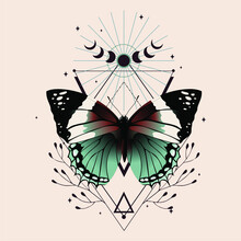 Vector Illustration With Butterfly And Moon. Boho Art Print. Modern Poster.