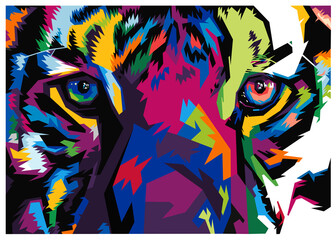 colorful tiger head on pop art style isolated with black backround