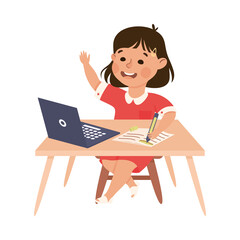 Canvas Print - Little Girl Pupil Sitting at Table with Laptop and Raising Hand Engaged in Elementary Education Vector Illustration