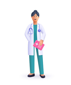 Wall Mural - Smiling woman doctor holding clipboard,  wearing uniform and stethoscope. Healthcare and medicine concept. 3d vector people character illustration. Cartoon minimal style.