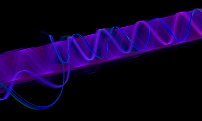 Wall Mural - Diagonal purple violet digital 3d snake, laser spring or smooth waves in tube of deep dark space. Glowing galactic radiance or sound of rhythm. Great as cover print for electronics, poster, artwork.