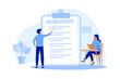 © Alwie99d - Teacher giving seminar to student in classroom. Mentor and intern, coach and trainee. Flat vector illustration. Education, training, learning concept for banner, website design or landing web page