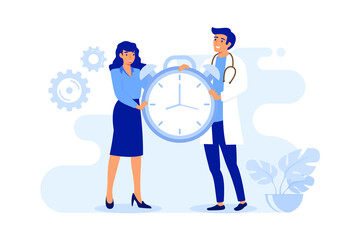 Poster - Happy doctor and patient holding alarm clock. Woman and man in uniform setting time for medication or appointment flat vector illustration. Health, medicine concept for banner or landing web page
