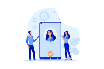 Poster - face recognition and data safety. mobile phone users getting access to data after biometrical checki