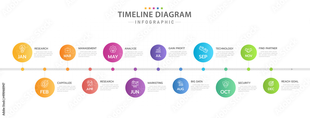 Infographic template for business. 12 Months Timeline diagram calendar ...