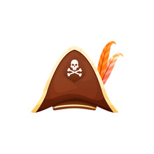 Pirate Tricorn Brown Hat With Jolly Roger, Caribbean Captain Headwear With Skull And Crossed Bones Isolated Sailor Cap. Vector Halloween Accessory, Corsair Cap With Broad Poles, Seafarer Headdress