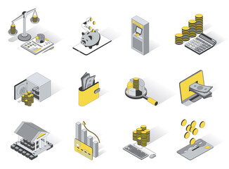 Fototapete - Banking and finance 3d isometric icons set. Pack elements of budget accounting, savings in piggy bank, ATM, keeping money in safe, financial statistics. Vector illustration in modern isometry design