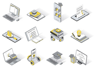 Poster - Online education 3d isometric icons set. Pack elements of reading e-books, online library, distance learning, testing, listening to lectures, graduation. Vector illustration in modern isometry design