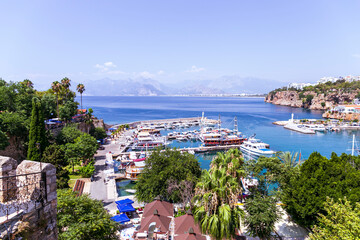 Wall Mural - beautiful view from Kaleici castle, Antalya. blue sky and sea. boats are sailing