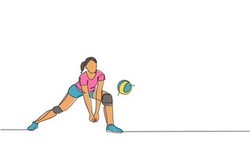 Poster - One single line drawing of young female professional volleyball player exercising block the ball on court vector illustration. Team sport concept. Tournament event. Modern continuous line draw design