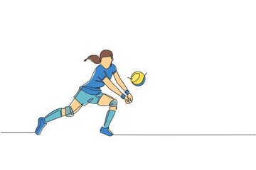 Poster - One continuous line drawing of young female professional volleyball player in action on court. Healthy competitive team sport concept. Dynamic single line draw design vector illustration graphic