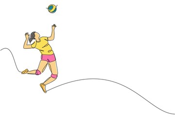 Poster - One single line drawing of young male professional volleyball player exercising jumping serve on court vector illustration. Team sport concept. Tournament event. Modern continuous line draw design