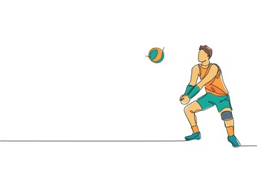 Wall Mural - One continuous line drawing of young male professional volleyball player in action on court. Healthy competitive team sport concept. Dynamic single line draw design vector graphic illustration