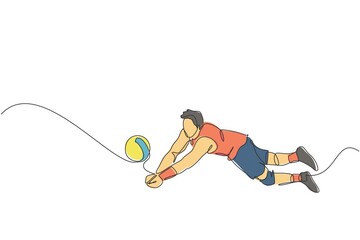 Poster - Single continuous line drawing of male young volleyball athlete player in action jumping block the ball on court. Team sport concept. Competition game. Trendy one line draw design vector illustration