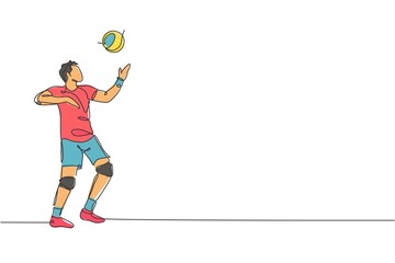 Poster - One continuous line drawing young male professional volleyball player in action serve ball on court. Healthy competitive team sport concept. Dynamic single line draw design graphic vector illustration