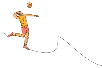 Poster - single continuous line drawing of male young volleyball athlete player in action jumping spike on co