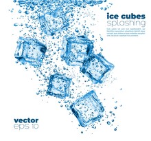 Ice Cubes Falling In Transparent Water, Splash And Dipping Frozen Crystal Cubes. Cooled Water, Liquid Flow With Air Bubbles. Purity Realistic Vector With Dropping Ice In Aqua Frozen Motion