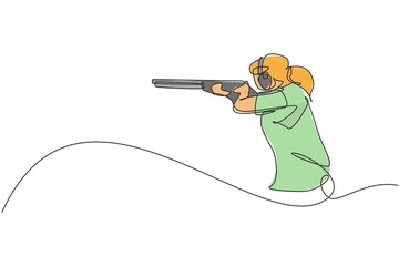 Poster - one single line drawing young woman practicing to shot target in range on shooting training ground v