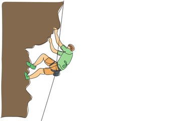 Wall Mural - Single continuous line drawing of young muscular rockclimber man climbing hanging on mountain grip. Outdoor active lifestyle and rock climbing concept. Trendy one line draw design vector illustration