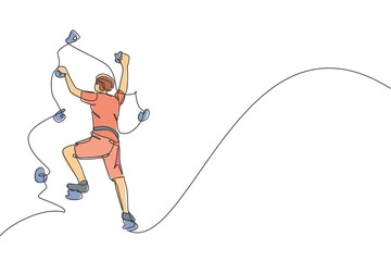 Poster - Single continuous line drawing of young muscular rockclimber man climbing hanging on mountain grip. Outdoor active lifestyle and rock climbing concept. Trendy one line draw design vector illustration