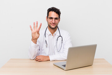 Wall Mural - hispanic handsome man smiling and looking friendly, showing number four. physician concept