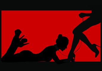 black silhouette of two seductive women on a red background