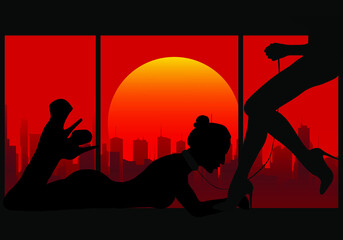 black silhouette of two seductive women on the window on a red background of skyscrapers and the setting sun