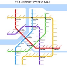 Metro, Underground Or Subway Transport System Map. Urban City Railway Station Lines Scheme. Metropolis Passenger Transportation Infrastructure Poster Or Plan Template With Subway Colorful Lines